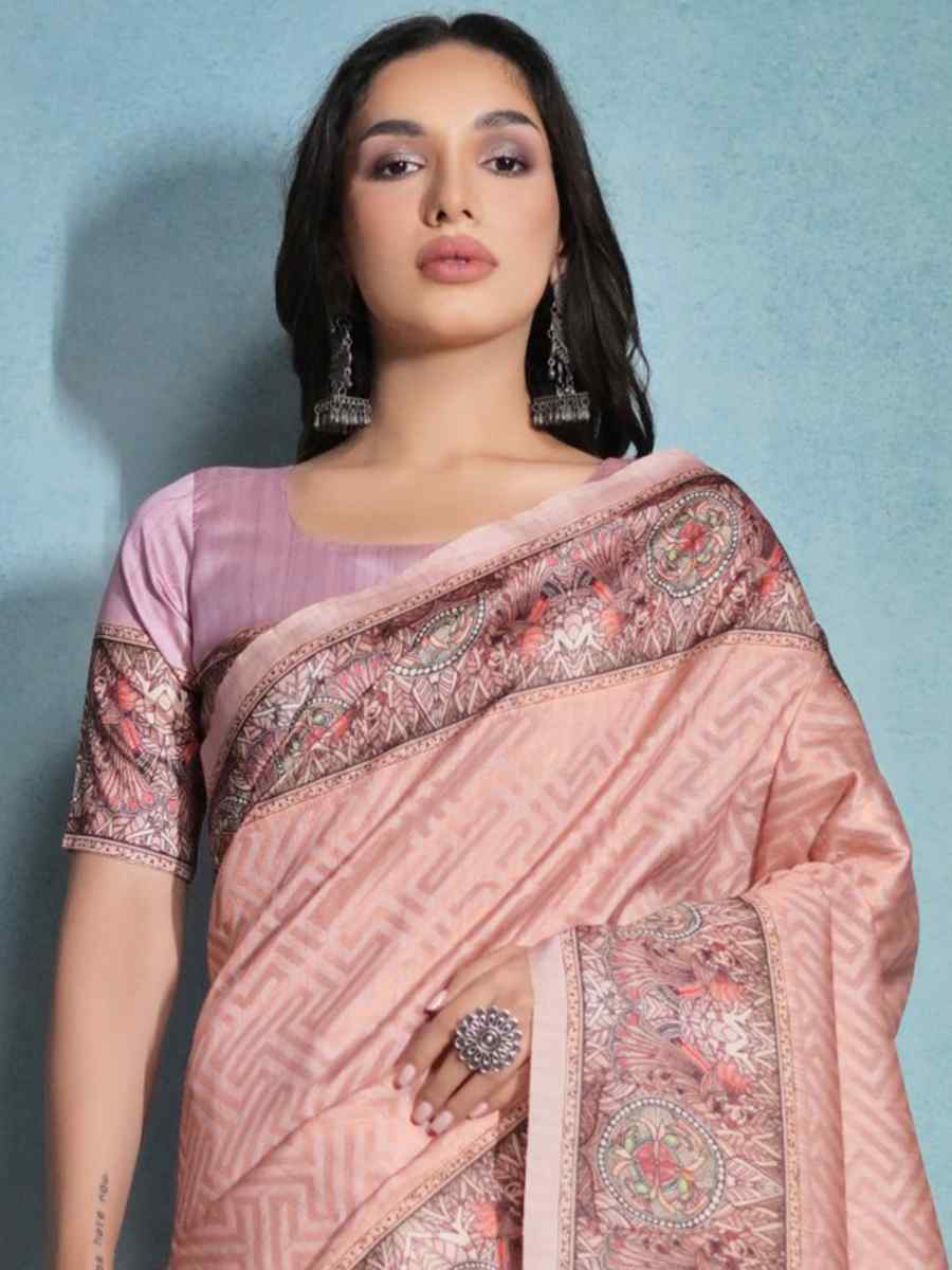 Peach Cotton Silk Printed Casual Festival Contemporary Saree