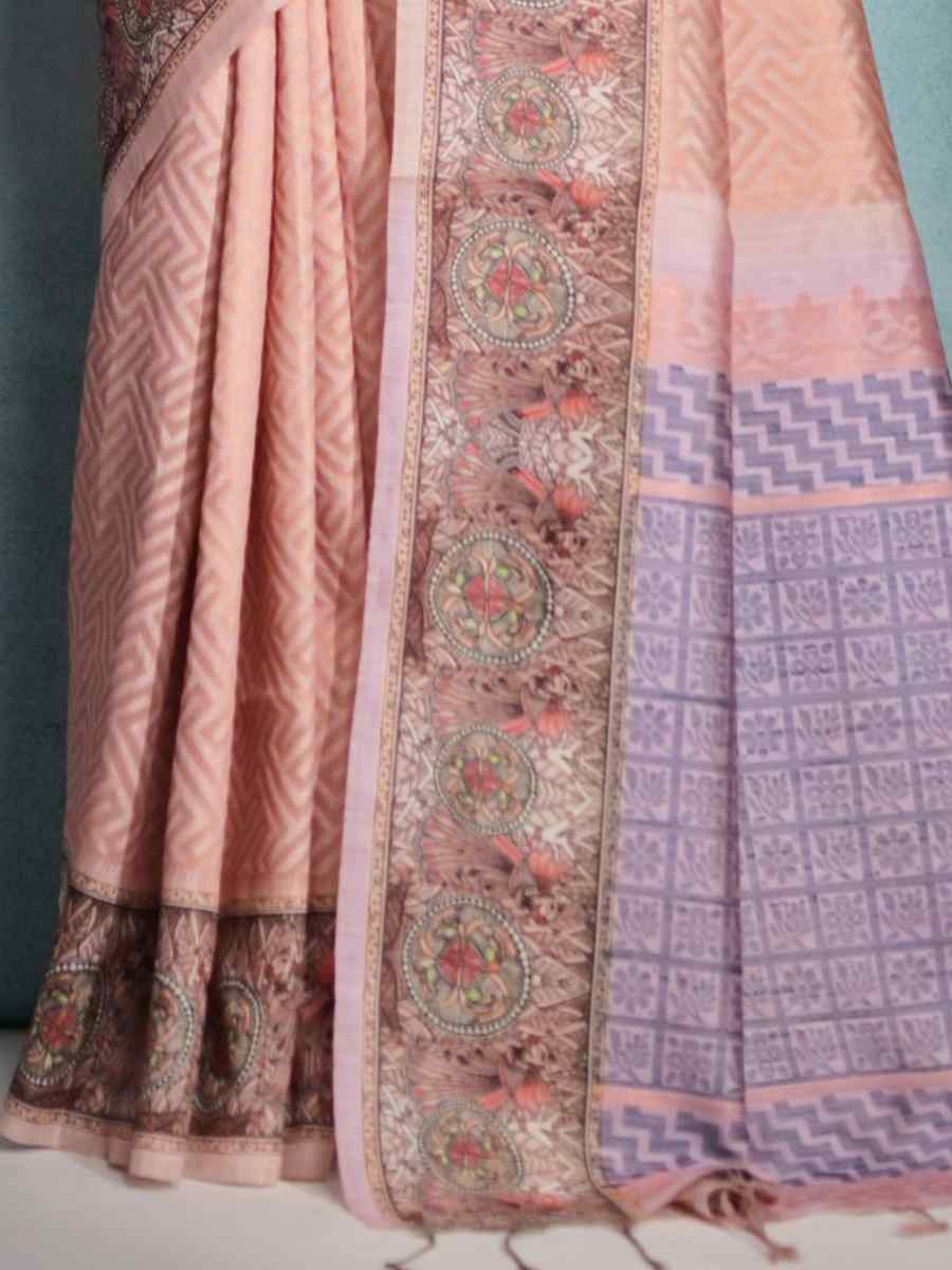 Peach Cotton Silk Printed Casual Festival Contemporary Saree