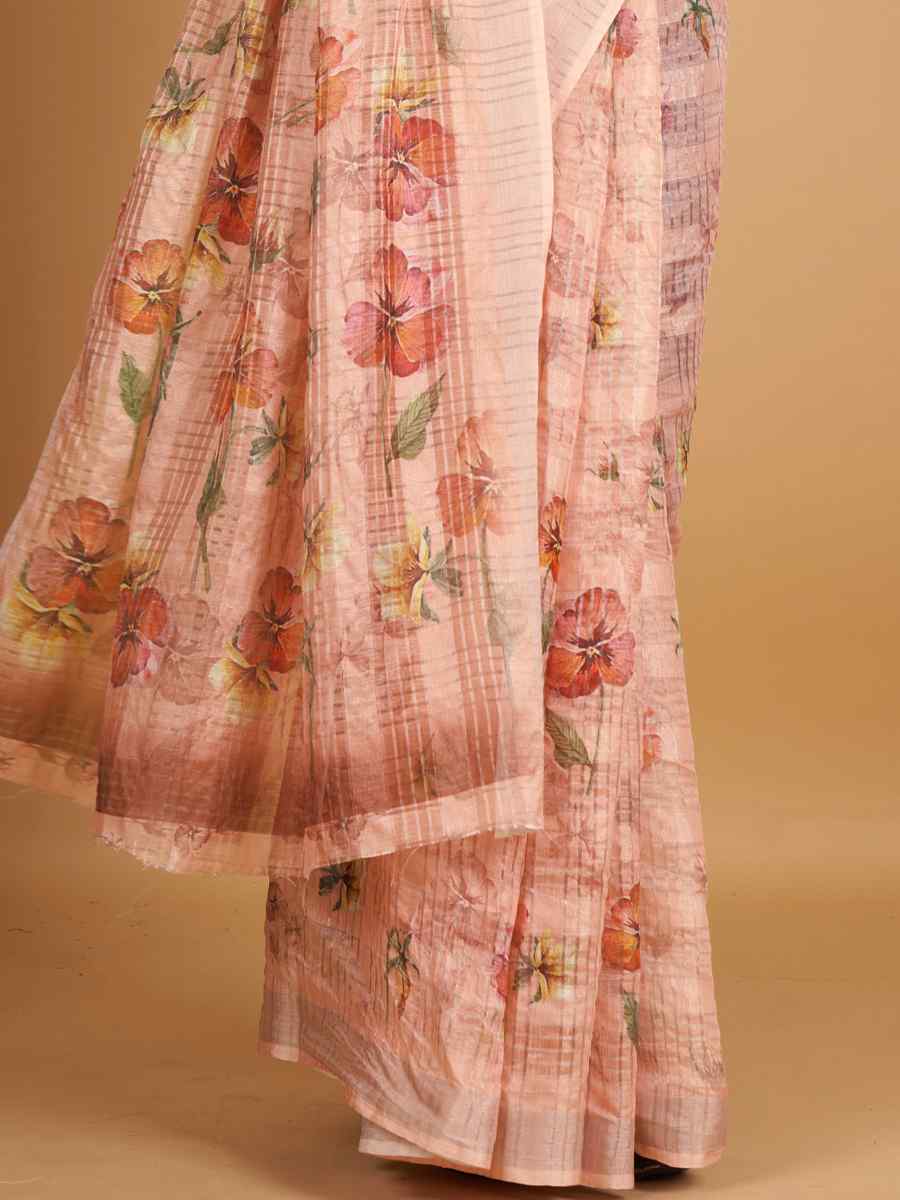 Peach Cotton Silk Printed Party Festival Classic Style Saree