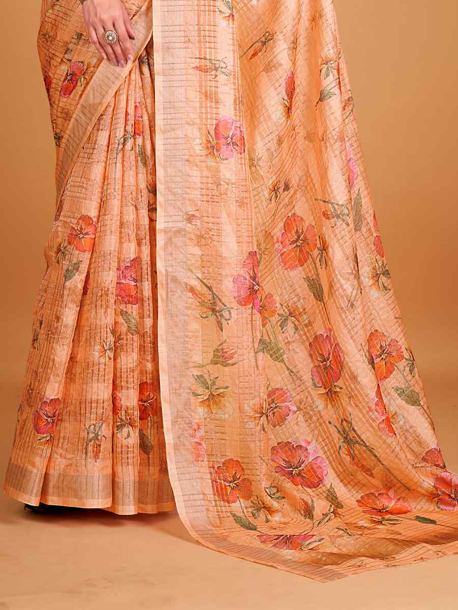 Peach Cotton Silk Printed Party Festival Classic Style Saree