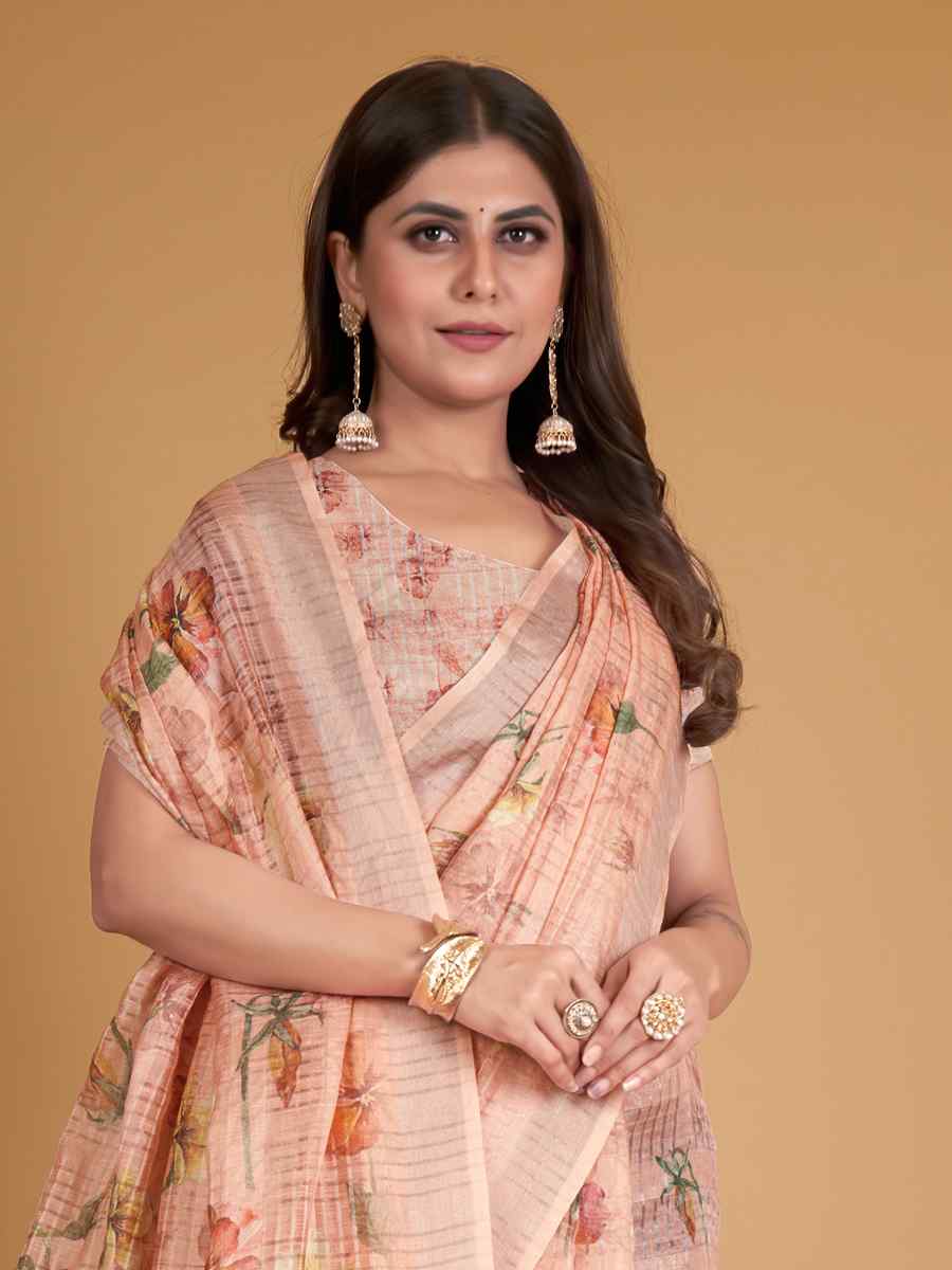Peach Cotton Silk Printed Party Festival Classic Style Saree