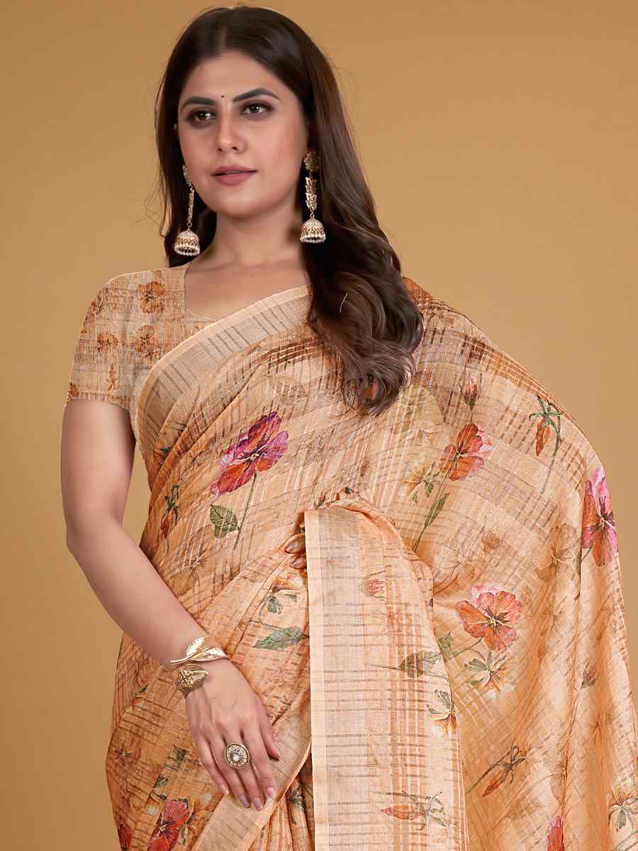 Peach Cotton Silk Printed Party Festival Classic Style Saree