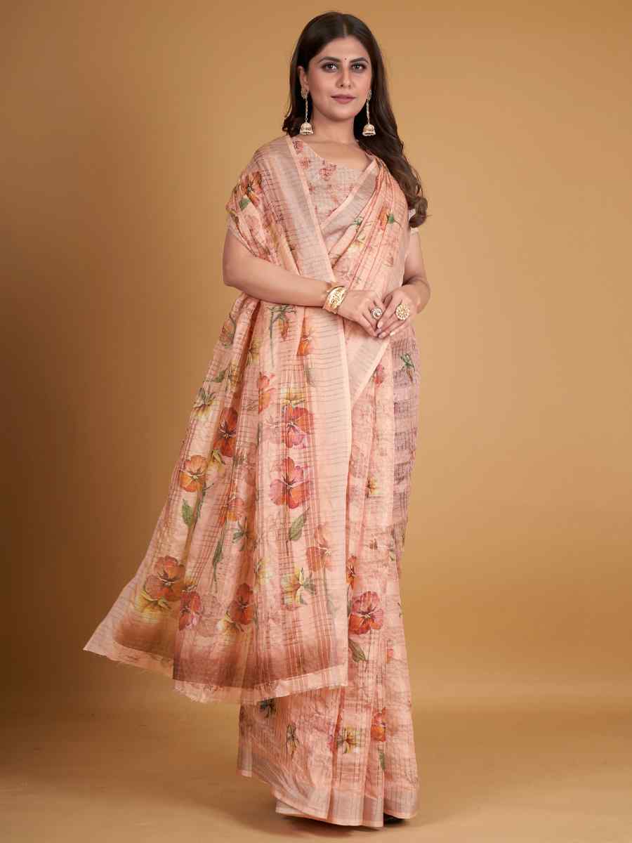 Peach Cotton Silk Printed Party Festival Classic Style Saree