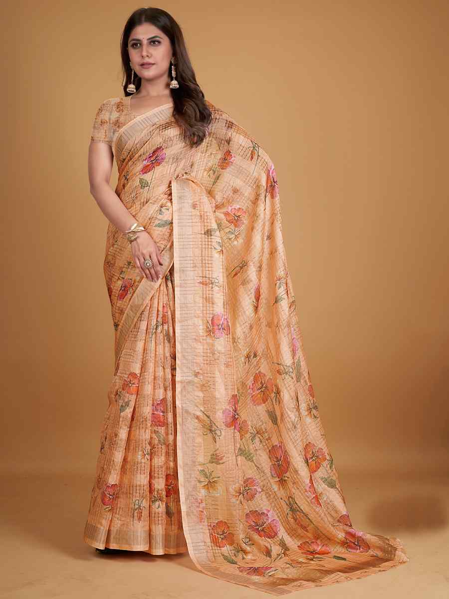 Peach Cotton Silk Printed Party Festival Classic Style Saree