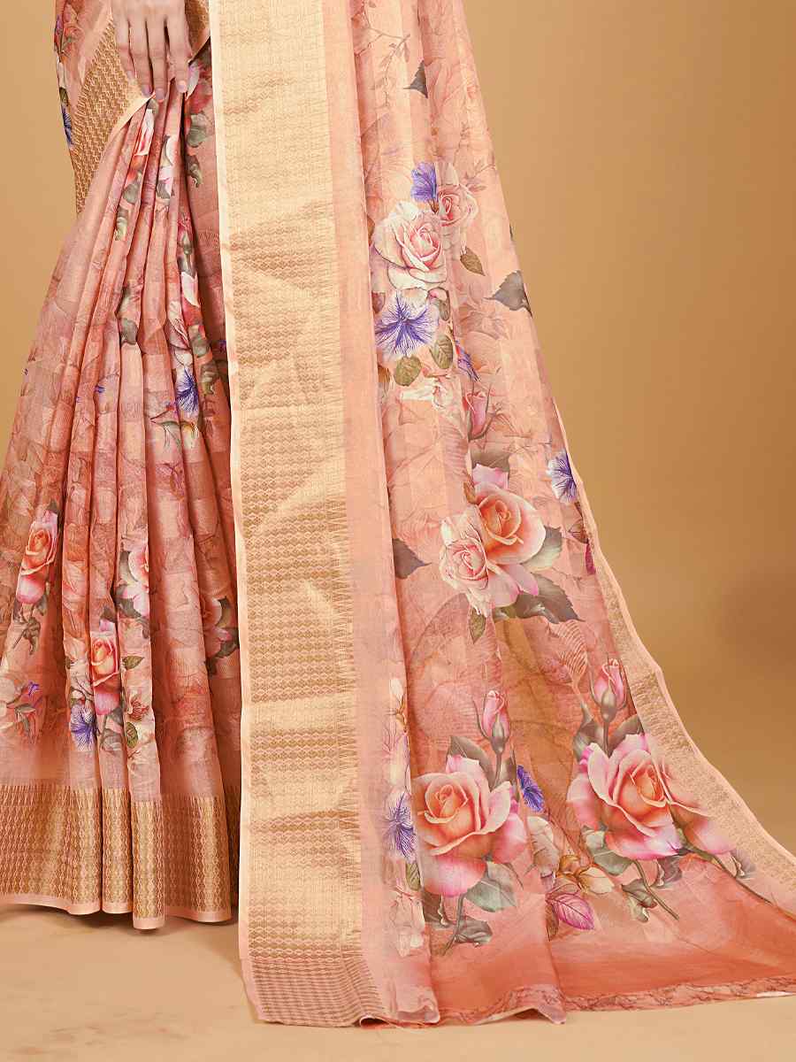 Peach Cotton Silk Printed Party Festival Heavy Border Saree