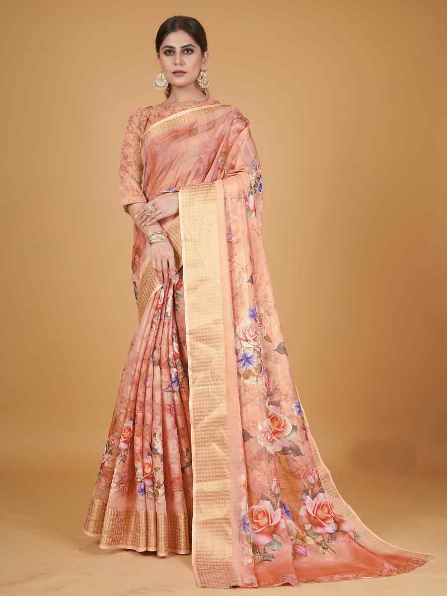 Peach Cotton Silk Printed Party Festival Heavy Border Saree