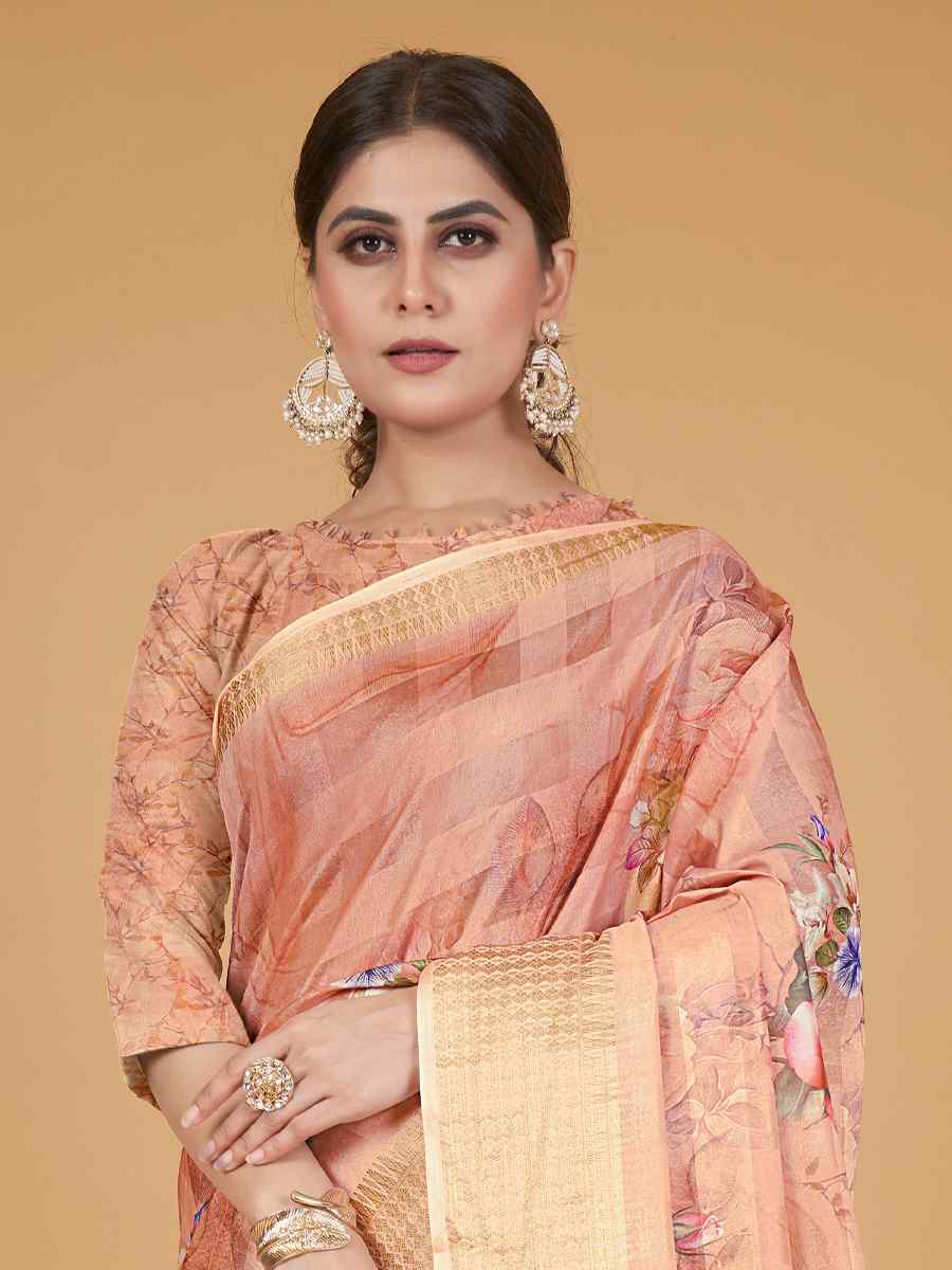 Peach Cotton Silk Printed Party Festival Heavy Border Saree