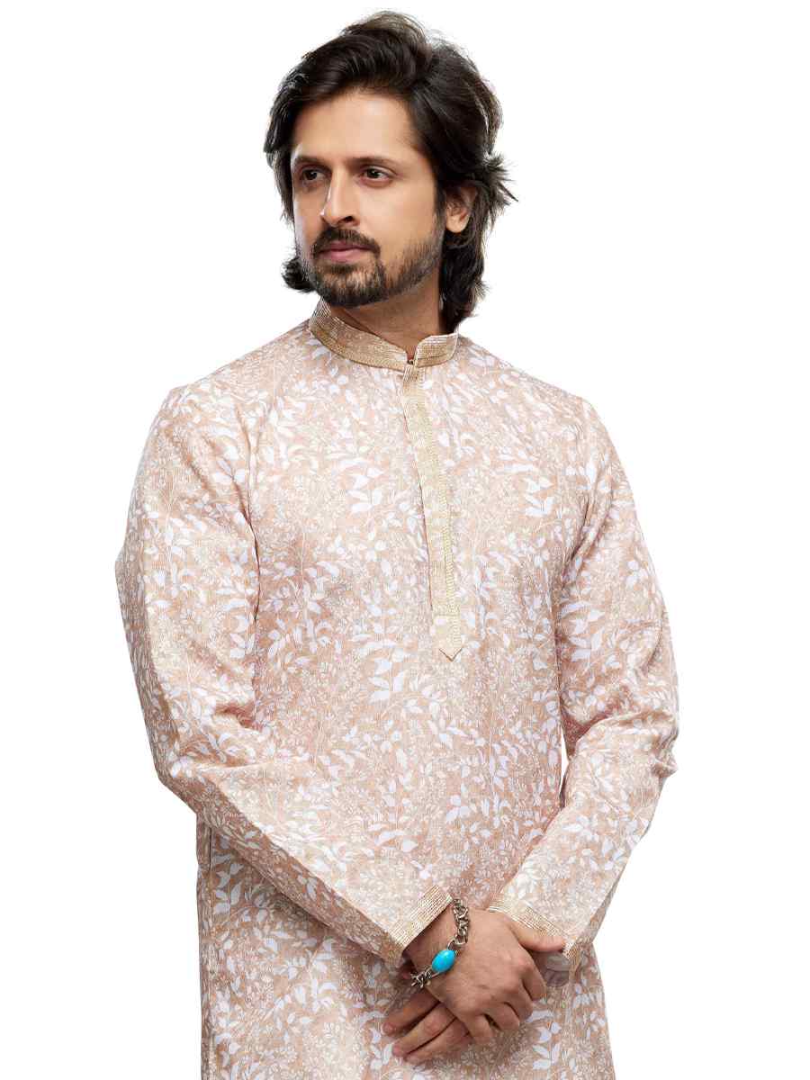 Peach Cotton Woven Festival Party Kurta