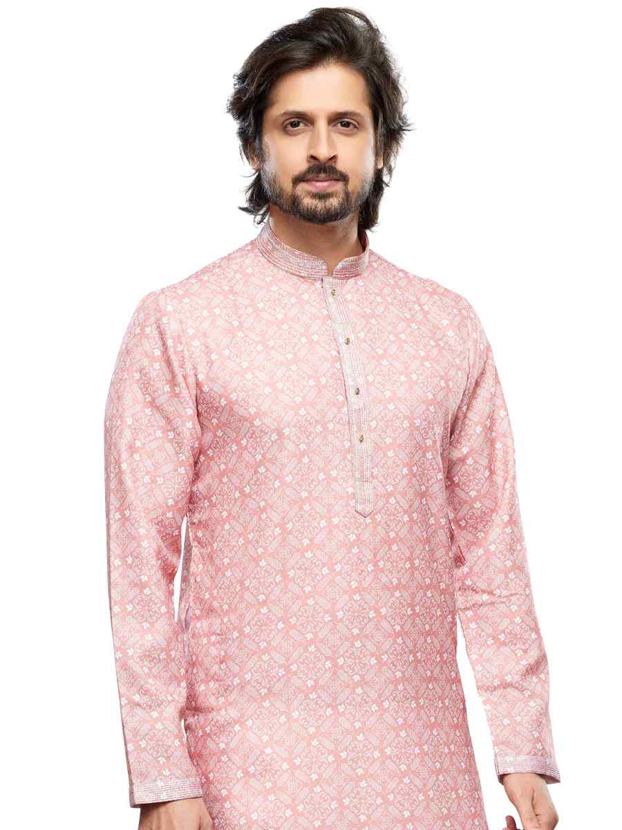 Peach Cotton Woven Festival Party Kurta