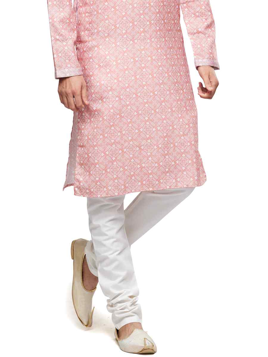 Peach Cotton Woven Festival Party Kurta