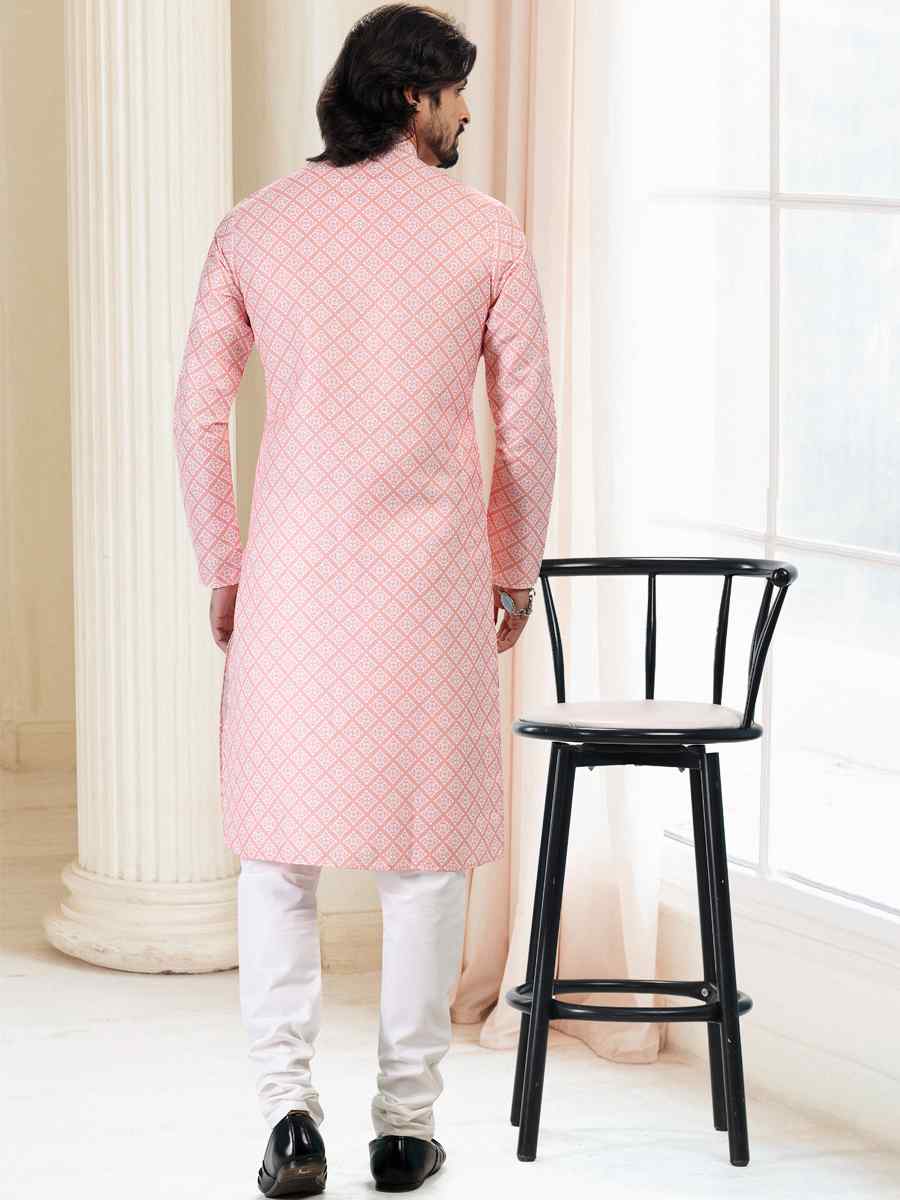 Peach Cotton Woven Festival Party Kurta