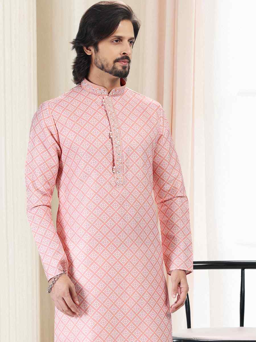 Peach Cotton Woven Festival Party Kurta