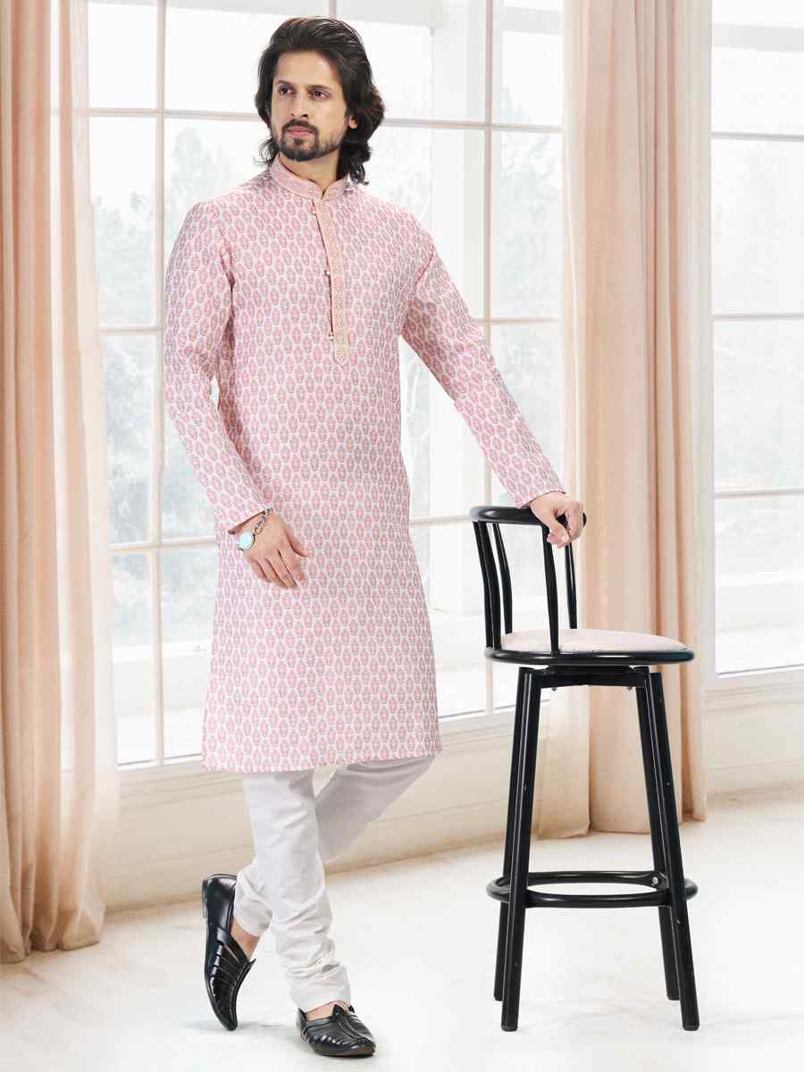 Peach Cotton Woven Festival Party Kurta