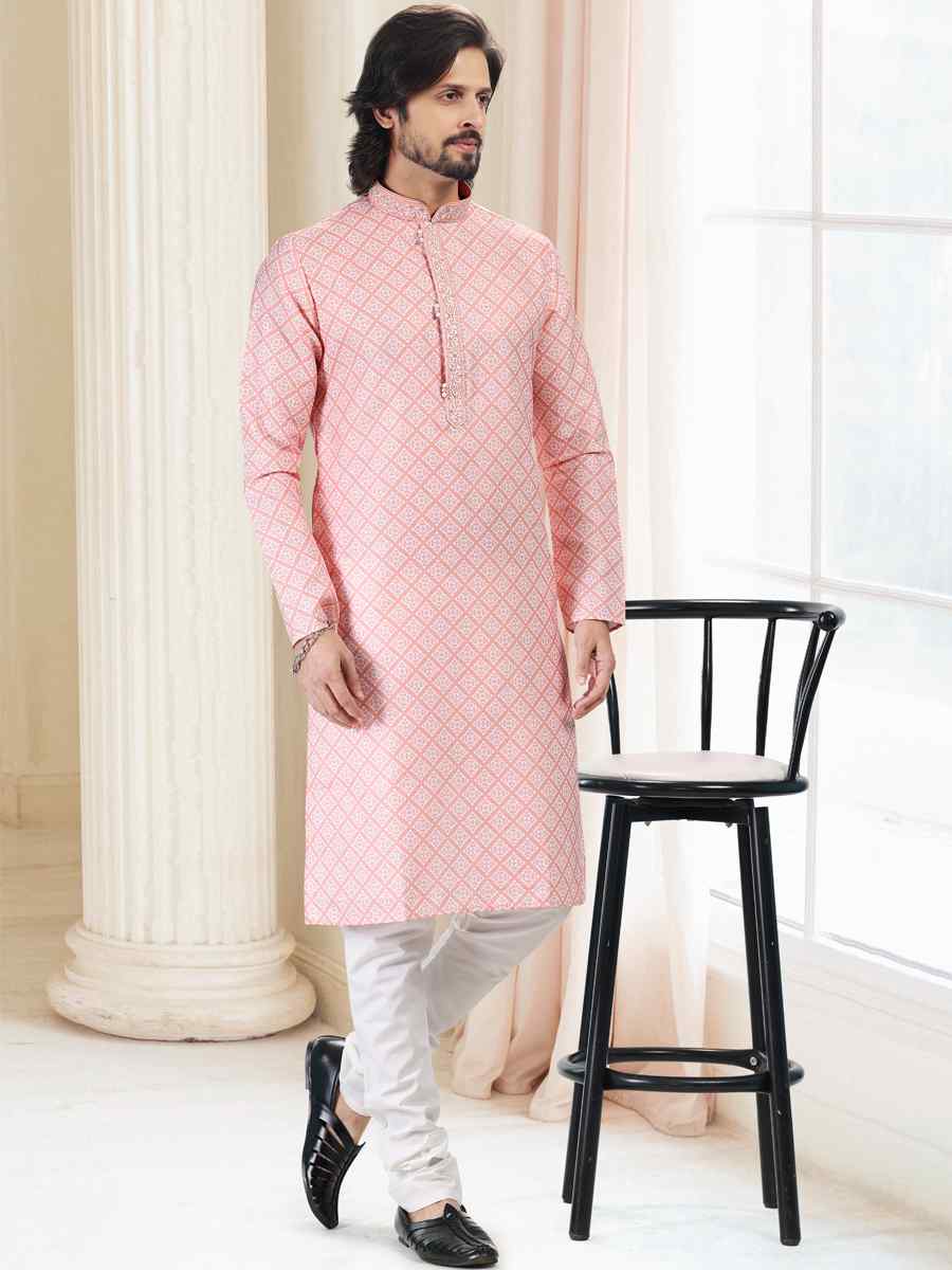 Peach Cotton Woven Festival Party Kurta