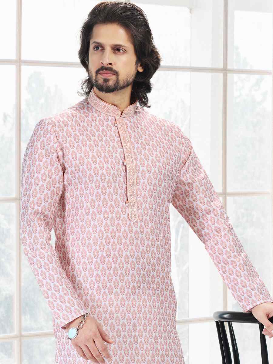 Peach Cotton Woven Festival Party Kurta