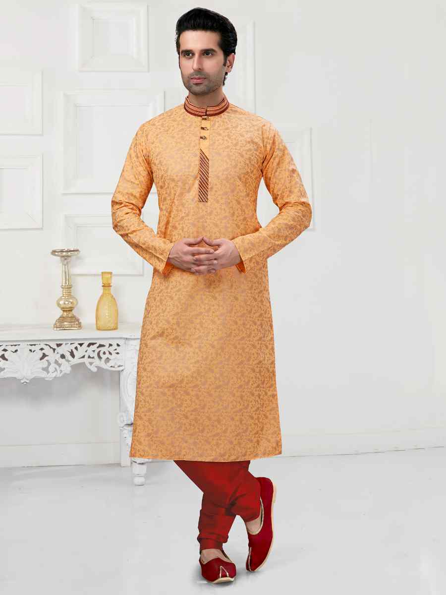 Peach Cotton Woven Festival Wedding Kurta
