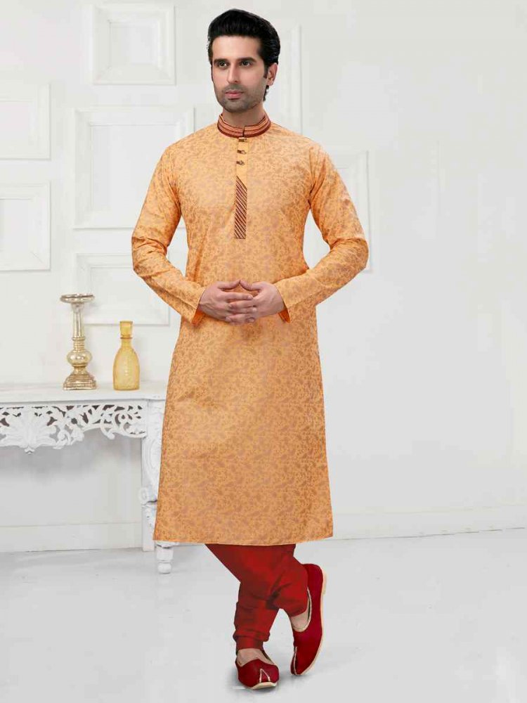 Peach Cotton Woven Festival Wedding Kurta