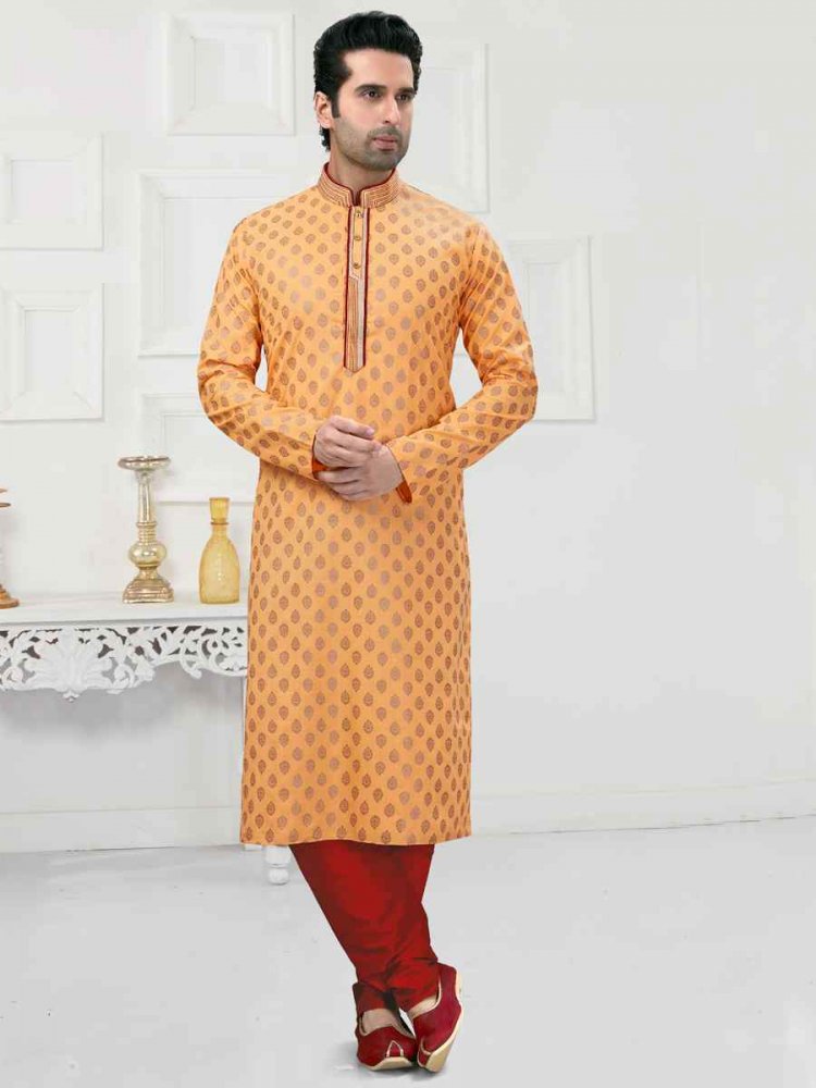 Peach Cotton Woven Festival Wedding Kurta