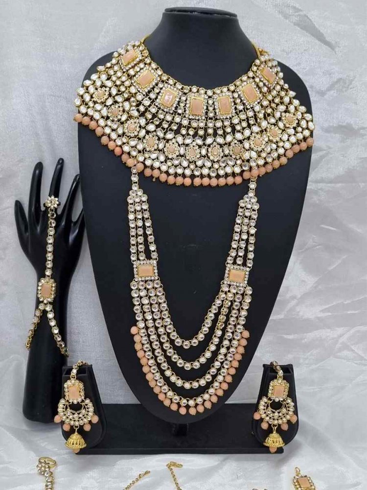 Peach Cream Alloy Bridal Wear Diamonds Bridal Sets