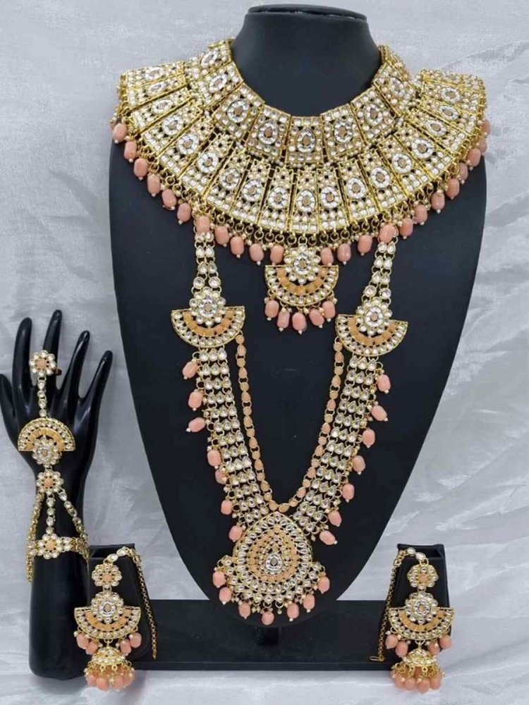 Peach Cream Alloy Bridal Wear Diamonds Bridal Sets