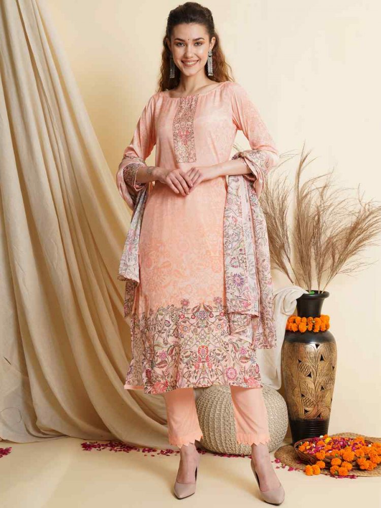 Peach Crepe Printed Festival Casual Palazzo Pant Salwar Kameez