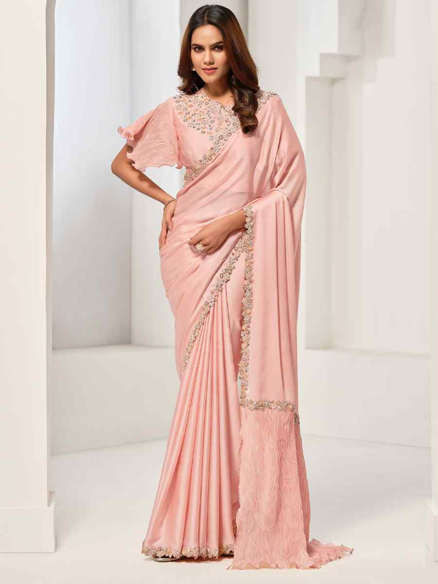 Peach Crepe Satin Silk Embroidered Festival Wedding Fancy Heavy Border Saree