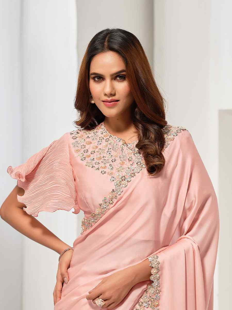 Peach Crepe Satin Silk Embroidered Festival Wedding Fancy Heavy Border Saree