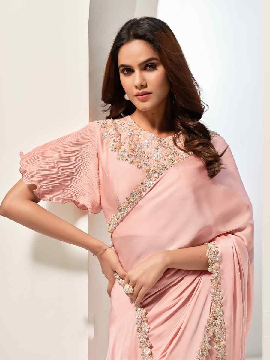 Peach Crepe Satin Silk Embroidered Festival Wedding Fancy Heavy Border Saree