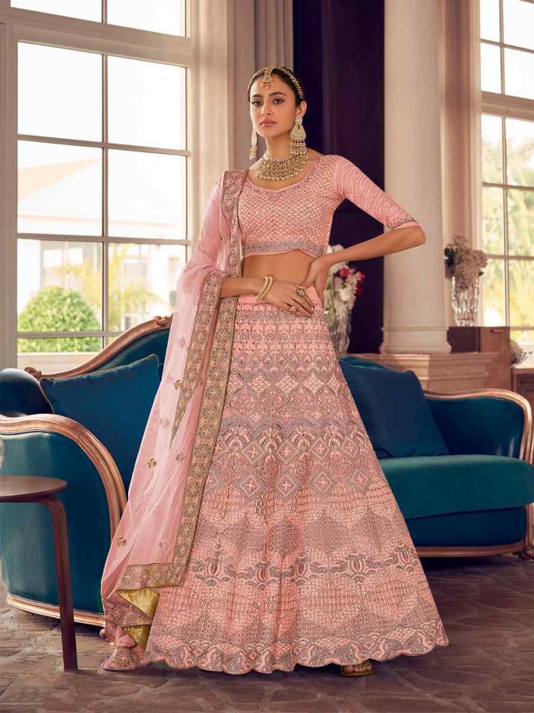 Peach Crepe Zari Bridal Reception Heavy Border Lehenga Choli