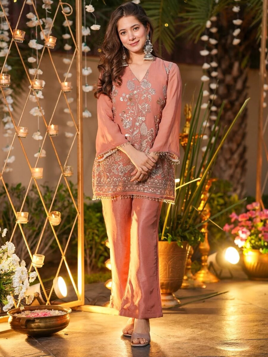 Peach Crunchy Silk Embroidery Sequins Wedding Party Festival Casual Ready Pant Salwar Kameez