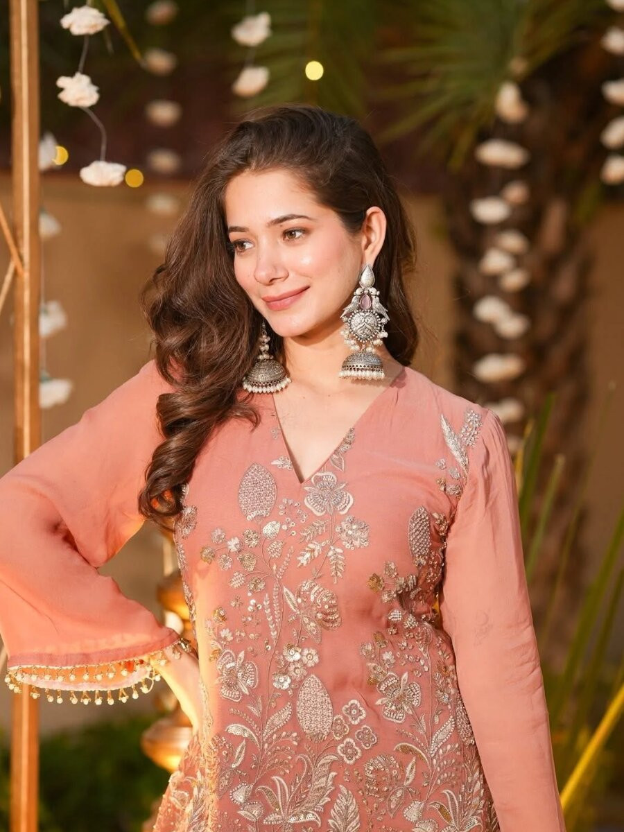Peach Crunchy Silk Embroidery Sequins Wedding Party Festival Casual Ready Pant Salwar Kameez