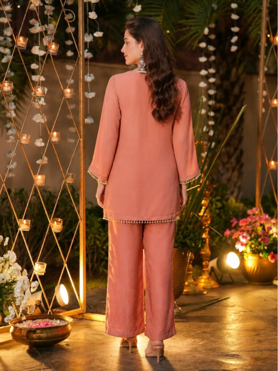 Peach Crunchy Silk Embroidery Sequins Wedding Party Festival Casual Ready Pant Salwar Kameez