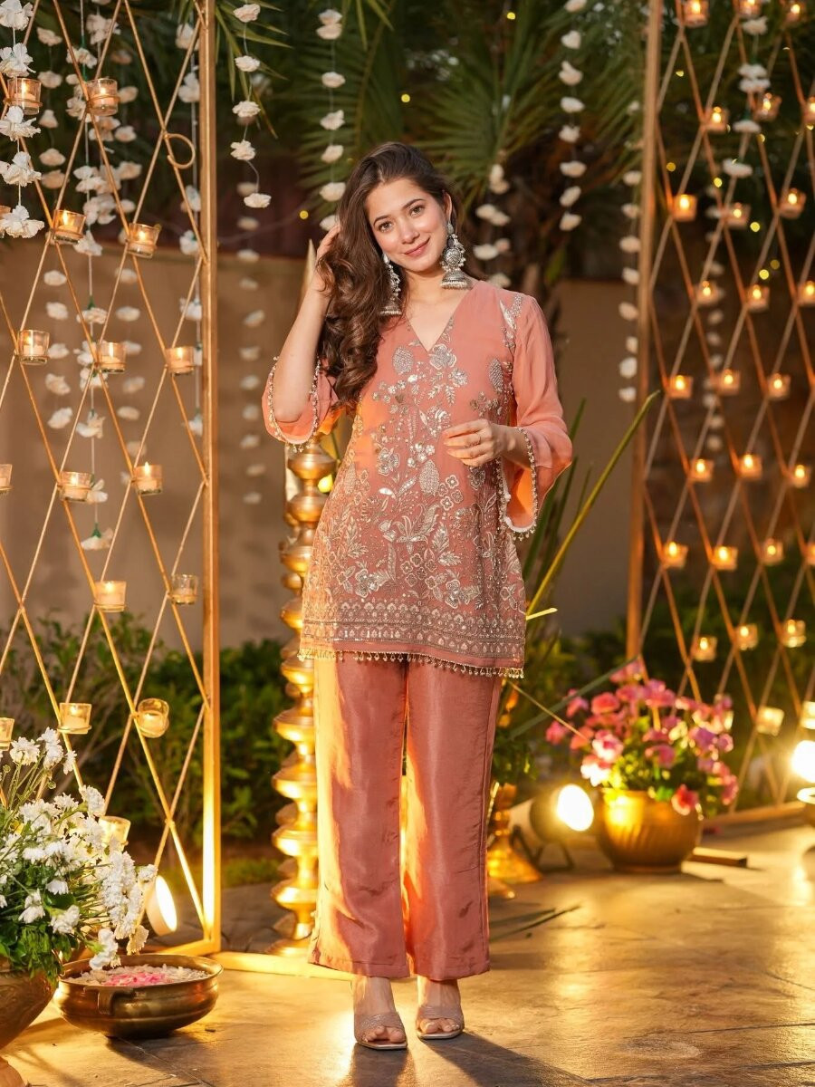 Peach Crunchy Silk Embroidery Sequins Wedding Party Festival Casual Ready Pant Salwar Kameez