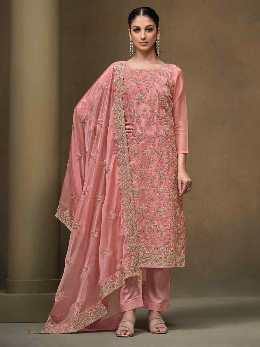 Peach Crystal Organza Embroidered Casual Festival Pant Salwar Kameez