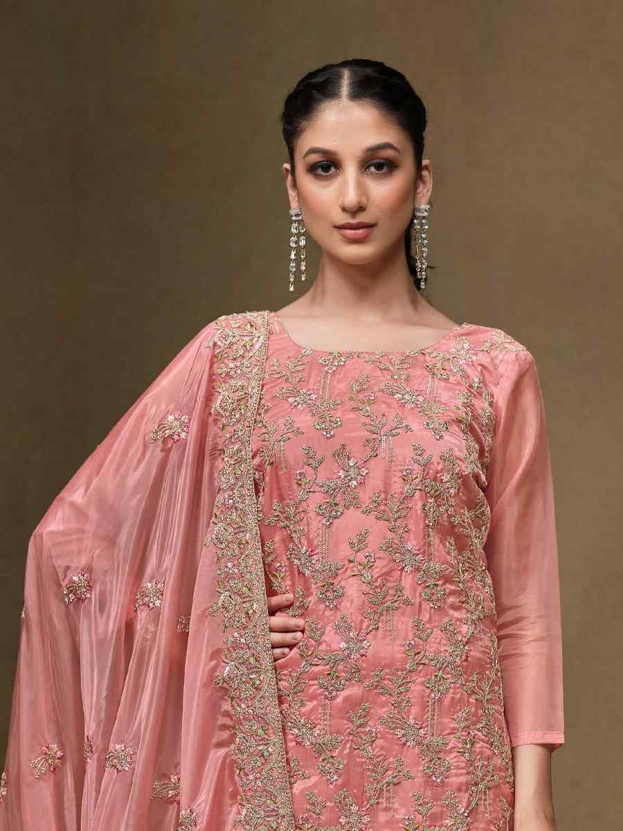 Peach Crystal Organza Embroidered Casual Festival Pant Salwar Kameez