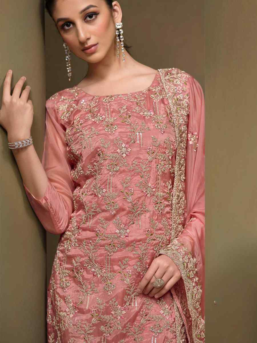 Peach Crystal Organza Embroidered Casual Festival Pant Salwar Kameez