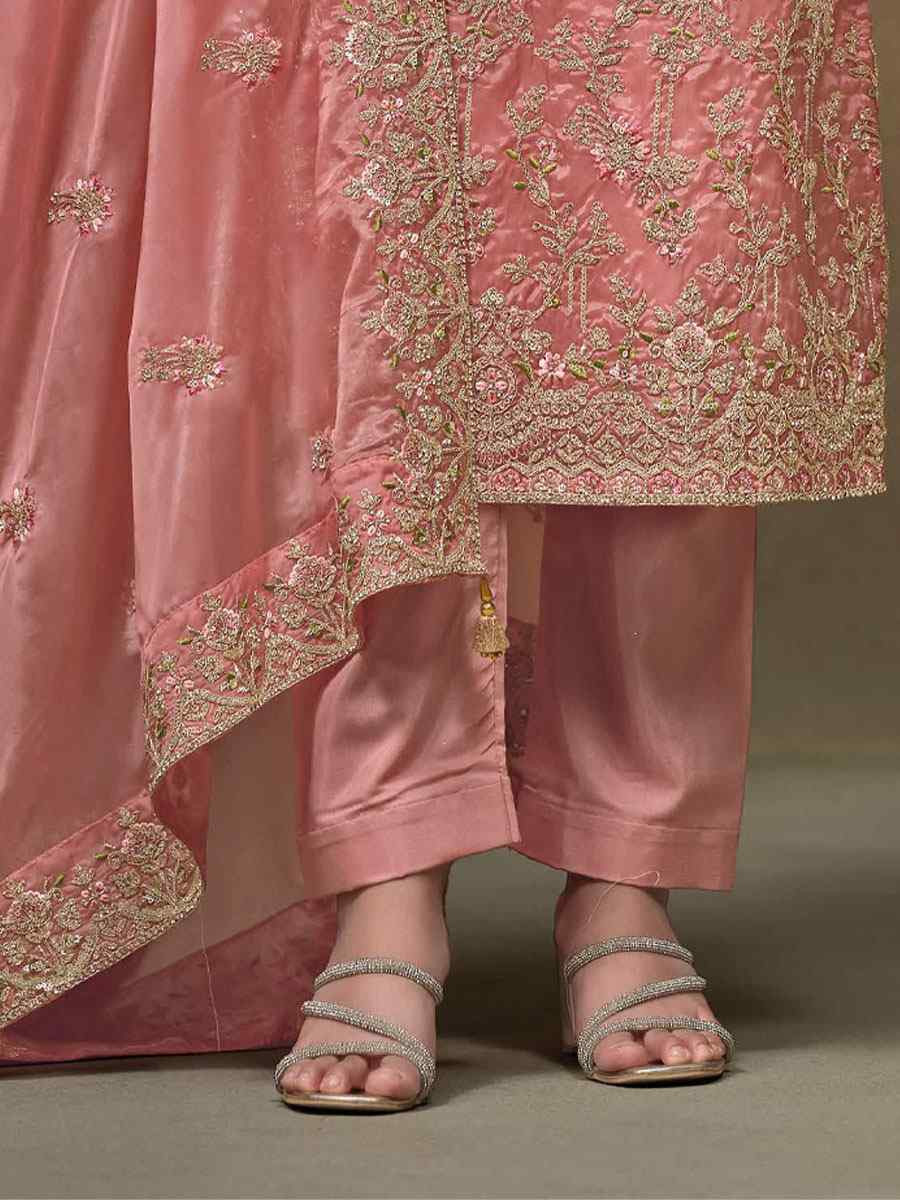 Peach Crystal Organza Embroidered Casual Festival Pant Salwar Kameez