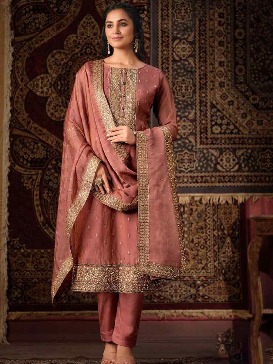 Peach Crystal Organza Embroidered Casual Festival Pant Salwar Kameez