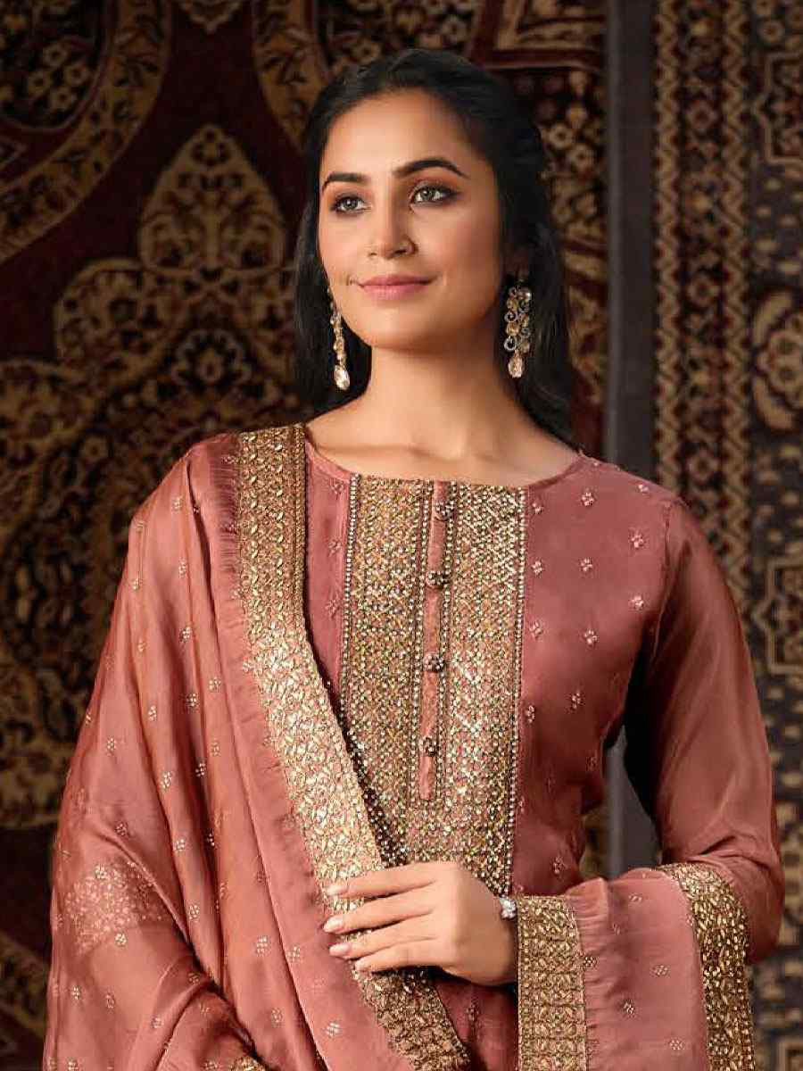 Peach Crystal Organza Embroidered Casual Festival Pant Salwar Kameez
