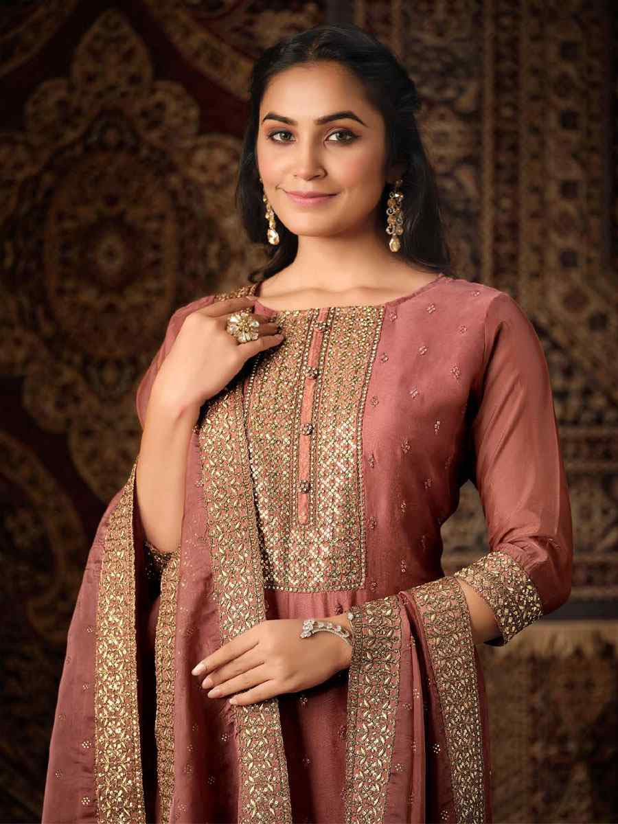 Peach Crystal Organza Embroidered Casual Festival Pant Salwar Kameez