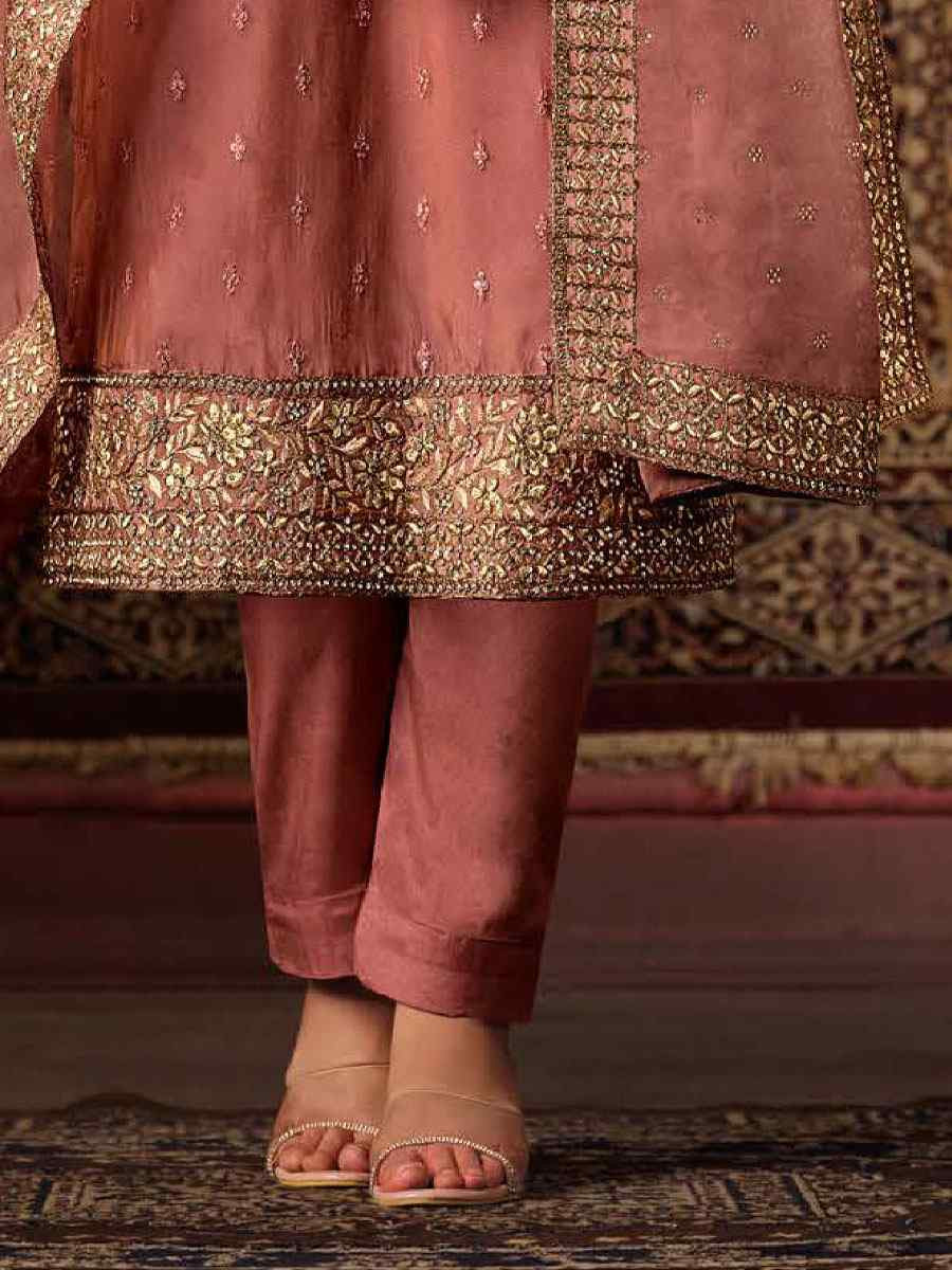 Peach Crystal Organza Embroidered Casual Festival Pant Salwar Kameez