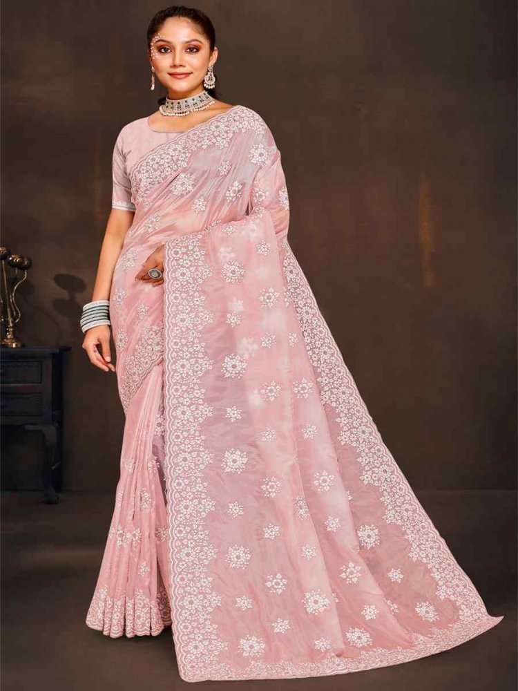 Peach Crystal Organza Embroidered Wedding Party Heavy Border Saree