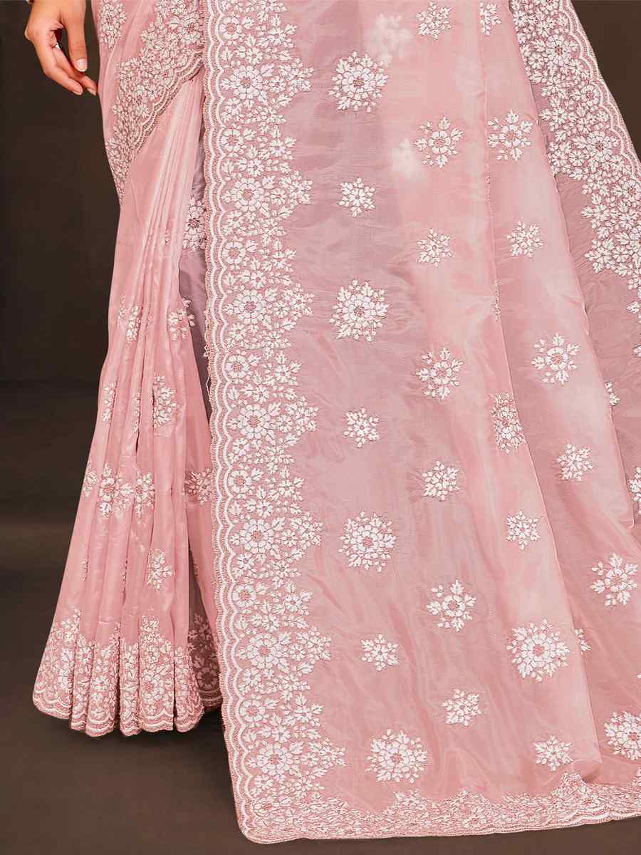 Peach Crystal Organza Embroidered Wedding Party Heavy Border Saree