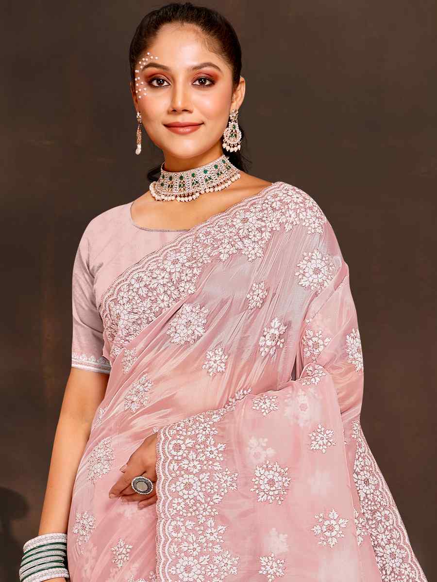 Peach Crystal Organza Embroidered Wedding Party Heavy Border Saree