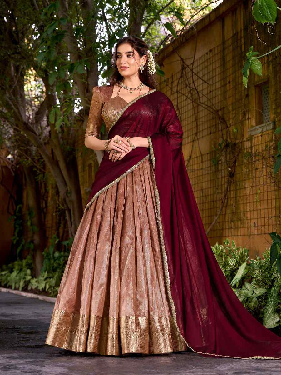 Peach Dhupion Silk Zari Handwoven Wedding Reception Festival Heavy Border Lehenga Choli