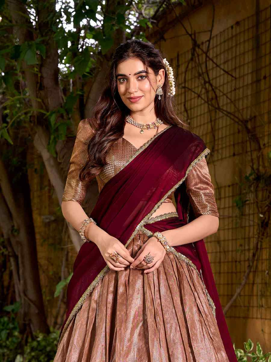 Peach Dhupion Silk Zari Handwoven Wedding Reception Festival Heavy Border Lehenga Choli