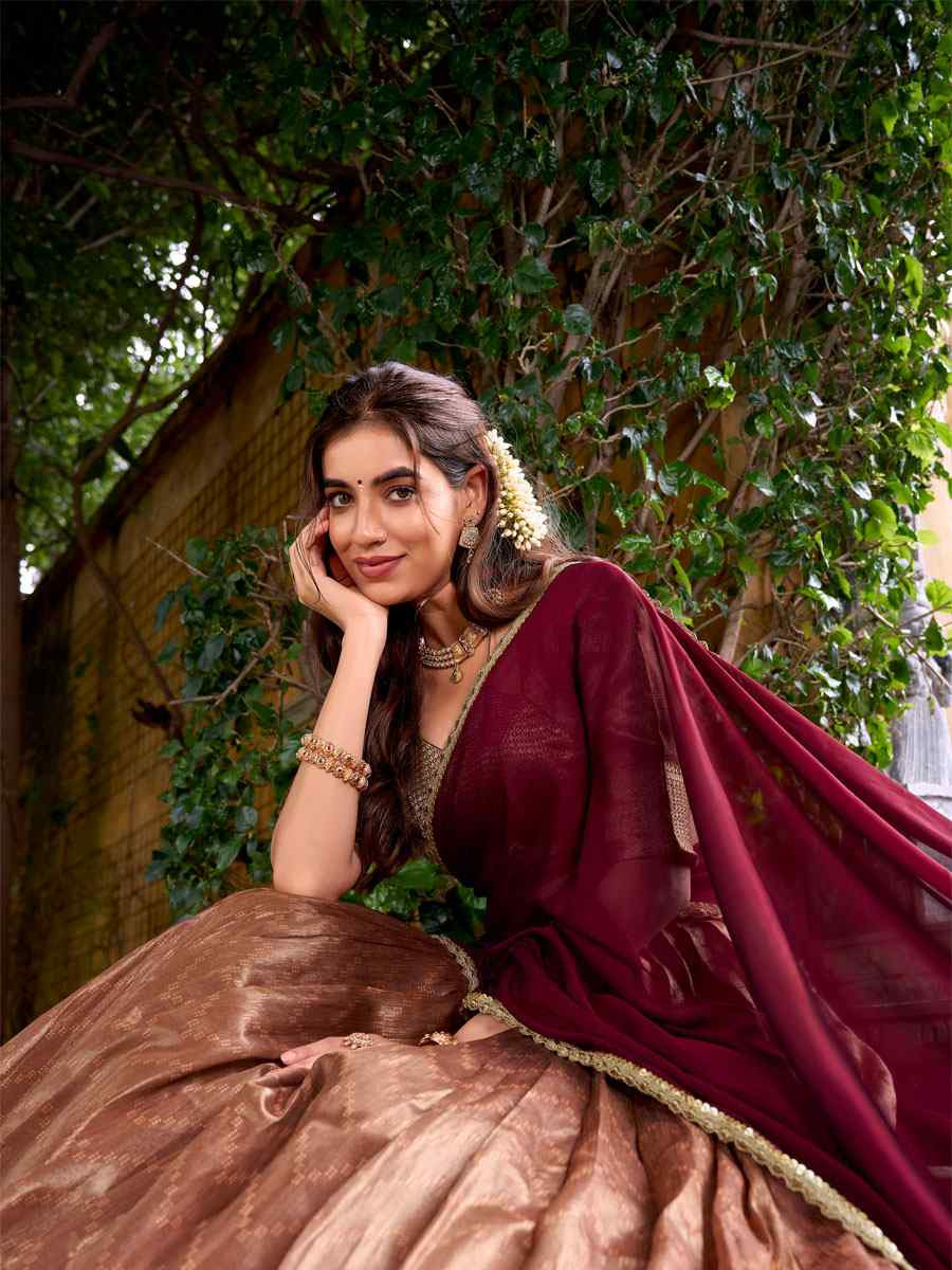 Peach Dhupion Silk Zari Handwoven Wedding Reception Festival Heavy Border Lehenga Choli