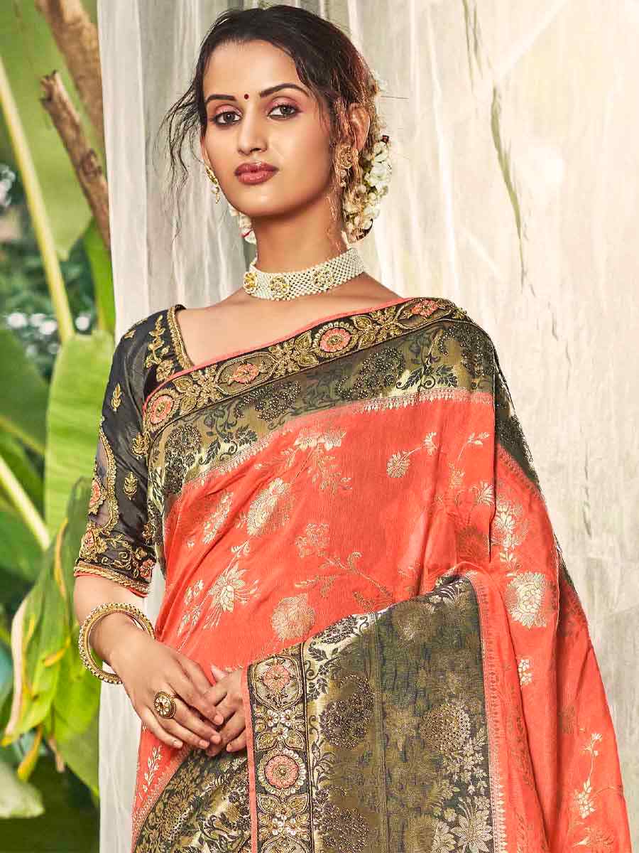 Peach Dola Silk Embroidered Wedding Festival Heavy Border Saree