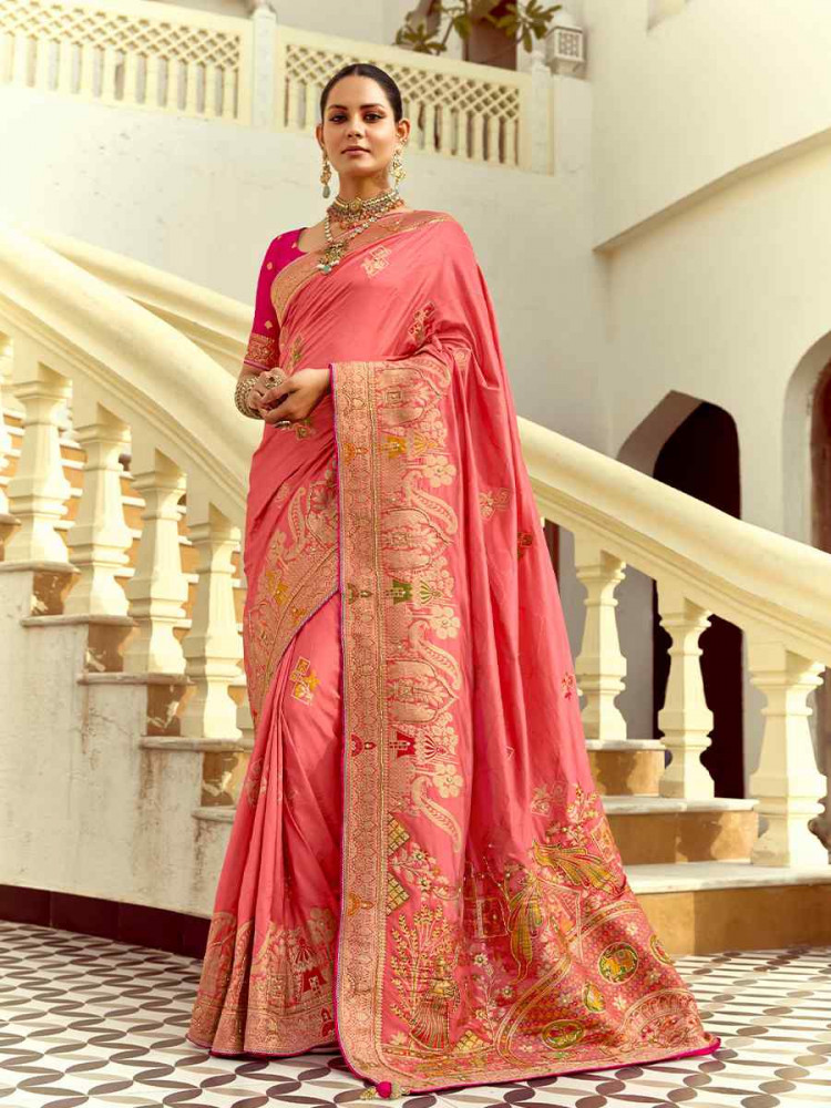 Peach Dola Silk Handwoven With Handwork Festival Wedding Fancy Heavy Border Saree