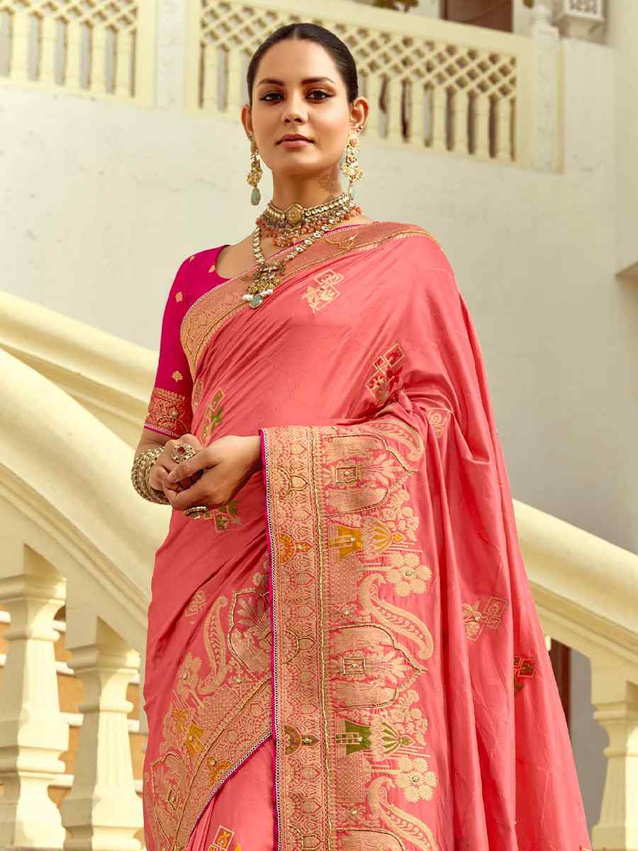 Peach Dola Silk Handwoven With Handwork Festival Wedding Fancy Heavy Border Saree